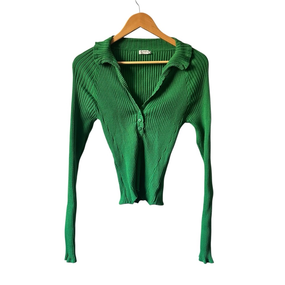 Free People Emerald Ribbed Button-Up Sweater Top Size Medium